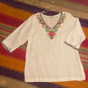 Soft Surroundings White Linen Tunic Top Embroidered